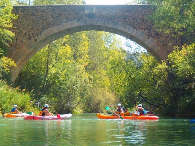  Group of canoeists under a bridge 